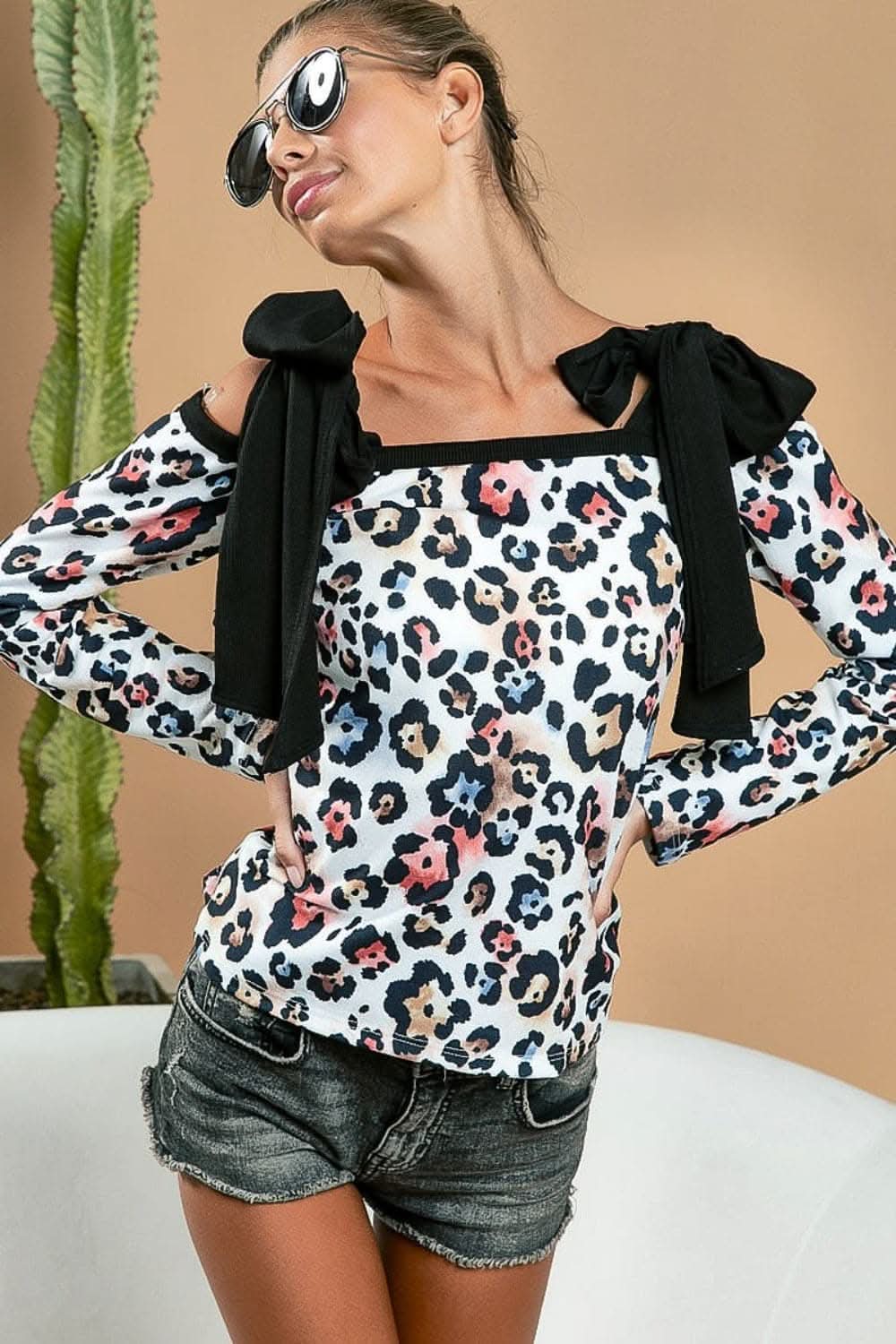 Leopard print shoulder tie long sleeve top by BiBi - Love Salve